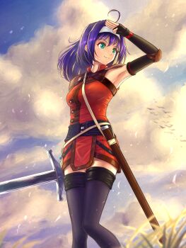 1girl absurdres ahoge armpits bare_shoulders black_sleeves black_thighhighs blue_hair breasts cloud cloudy_sky commentary_request detached_sleeves dress fingerless_gloves fire_emblem fire_emblem:_path_of_radiance gloves grass green_eyes hairband headband highres holding holding_sword holding_weapon long_hair looking_at_viewer medium_breasts mia_(fire_emblem) nintendo orange_dress outdoors powderkinako purple_hair sky smile solo sword thighhighs thighs weapon white_headband
