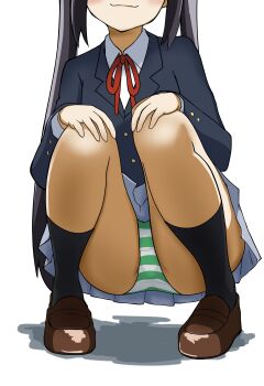 1girl absurdres black_hair black_jacket black_socks blazer bow bowtie brown_footwear buttons commentary green_panties hands_on_own_knees highres jacket k-on! legs long_hair long_sleeves nakano_azusa odenyarou panties pantyshot pleated_skirt red_bow red_bowtie sakuragaoka_high_school_uniform school_uniform shadow shirt sidelocks skirt smile socks solo squatting striped_clothes striped_panties thighs twintails underwear white_background white_shirt winter_uniform