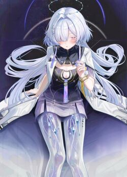 1girl blush breasts colored_eyelashes commentary dress english_commentary feet_out_of_frame fingernails gradient_clothes gradient_dress hair_intakes hair_over_one_eye halo hand_up id_card jacket long_hair looking_at_viewer medium_breasts mornye_(wuthering_waves) paid_reward_available parted_lips prosthesis prosthetic_leg purple_dress red_eyes ru_zhai sitting solo tacet_mark_(wuthering_waves) very_long_hair white_jacket wuthering_waves