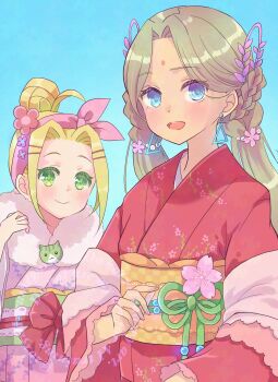 2girls ahoge bindi blonde_hair coat earrings hairband haru_meguru heaven_burns_red highres japanese_clothes jewelry kimono long_hair multiple_girls obi ooshima_yotsuha sash short_hair triangle_earrings twintails vritika_balakrishnan wide_sleeves