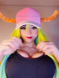 1girl animated audible_music baseball_cap black_tank_top bouncing_breasts breasts breasts_out cleavage clothes_pull collarbone cosplay dragon_horns flashing hat heterochromia horns indoors kobayashi-san_chi_no_maidragon large_breasts looking_at_viewer lowres lucoa_(maidragon) lucoa_(maidragon)_(cosplay) mexican_(nationality) multicolored_hair music nipples one_eye_closed photo_(medium) real_life shirt_pull solo sound sweetieline tagme tank_top top_pull upper_body video wink