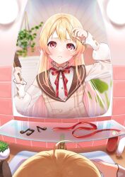 Rule 34 | 1girl, absurdres, adjusting hair, ahoge, bathroom, blonde hair, bow, bowtie, brown dress, brown sailor collar, chamuri (chumriiism), clothing cutout, commentary request, dress, dress shirt, fortissimo, hair brush, hair ornament, highres, hololive, hololive dev is, long hair, long sleeves, looking at mirror, mirror, musical note, musical note hair ornament, neck ribbon, otonose kanade, plaid, plaid dress, plant, potted plant, puffy long sleeves, puffy sleeves, red bow, red bowtie, red eyes, red ribbon, ribbon, sailor collar, shirt, shoulder cutout, sink, sitting, solo, unworn hair ornament, unworn ribbon, virtual youtuber, white shirt