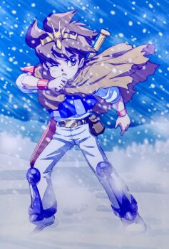 Rule 34 | 1boy, armor, belt, belt pouch, blizzard, blue vest, brown belt, brown cloak, brown eyes, brown hair, cloak, commentary request, full body, highres, ikusabe wataru, male focus, mashin eiyuuden wataru, mizutani kenta, one eye closed, outdoors, pants, parted lips, pouch, sheath, sheathed, shirt, shoes, short hair, shoulder armor, snow, snowing, solo, standing, sword, sword on back, torn cloak, torn clothes, vest, weapon, weapon on back, white pants, white shirt, white shoes, wristband