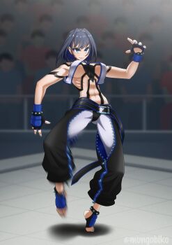 1girl abs absurdres belt blue_eyes blue_hair bracelet cosplay crowd fingerless_gloves gloves hair_intakes han_juri han_juri_(cosplay) highres hololive hololive_english jewelry looking_at_viewer mungo_biko navel ouro_kronii pants railing ring short_hair spiked_bracelet spikes street_fighter street_fighter_6 virtual_youtuber