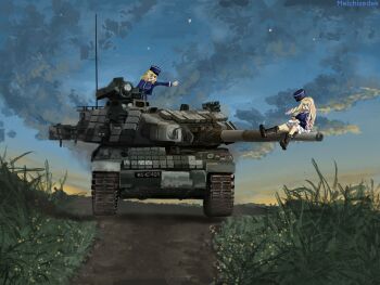 Rule 34 | 2girls, amx-30 (tank), amx 30b2 brenus, artist request, bc freedom military uniform, blonde hair, blue eyes, blue hat, blue jacket, cake, cake slice, curly hair, food, fork, girls und panzer, girls und panzer saishuushou, grass, hat, highres, holding, holding fork, holding plate, jacket, kepi, long hair, long sleeves, marie (girls und panzer), military hat, military vehicle, miniskirt, motor vehicle, multiple girls, night, on barrel, oshida (girls und panzer), plate, pleated skirt, pointing, pointing at another, reactive armor, short hair, sitting, skirt, sky, surprised, tank, tank cupola, unworn hat, unworn headwear, white skirt