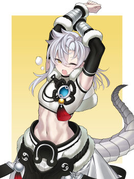 Rule 34 | 1boy, abs, absurdres, arm warmers, arms up, black arm warmers, capelet, chinese commentary, clenched hand, commentary request, covered armpit, cowboy shot, crop top, cropped shirt, dracotail lukias, dragon boy, dragon tail, duel monster, ear covers, fur-trimmed capelet, fur trim, grey hakama, groin, hair between eyes, hakama, hakama pants, highres, japanese clothes, long hair, looking at viewer, male focus, midriff, navel, one eye closed, open mouth, pants, shirt, short sleeves, sidelocks, solo, standing, stretching, tail, tassel, variant set, white capelet, white hakama, white shirt, yawning, yellow background, yellow eyes, yu-gi-oh!, yxzzbg