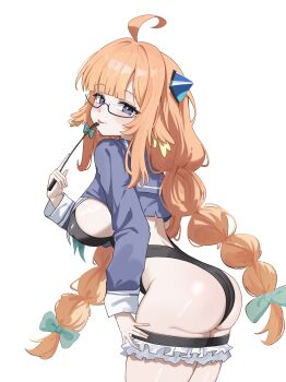 1girl :p \||/ absurdres ahoge ass black_leotard blue_archive blue_eyes blunt_bangs blush bow braid breasts closed_mouth commentary covered_erect_nipples cowboy_shot curvy feather_hair frilled_thigh_strap from_side glasses green_bow hair_bow hair_intakes hand_on_own_thigh hand_up heart heart_in_eye highres holding holding_riding_crop impossible_clothes impossible_leotard large_breasts leotard long_hair long_sleeves looking_at_viewer low_twintails magical_girl official_alternate_costume official_alternate_hairstyle orange_hair riding_crop saliva seductive_smile semi-rimless_eyewear shimiko_(blue_archive) shimiko_(magical)_(blue_archive) shrug_(clothing) sideboob sidelocks simple_background skindentation smile solo symbol_in_eye thigh_strap thighs tongue tongue_out twin_braids twintails very_long_hair white_background xiaoxiaoyifan