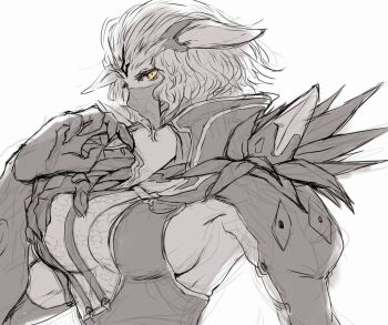 1girl 2018 animal_ears arm_up breasts cat_ears colored_skin commentary face_mask furry furry_female ga_bow ga_buidhe grey_background grey_hair grey_skin high_collar large_breasts looking_at_viewer mask monolith_soft nintendo purple_mask simple_background sketch solo upper_body xeno_(series) xenoblade_chronicles_(series) xenoblade_chronicles_x yellow_eyes yuzuriha_caruru