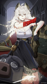 1girl 2others ahoge arm_strap black_choker black_gloves black_horns black_pants black_shoes black_tail blonde_hair breasts bright_pupils button_gap chilakkk choker commentary curled_horns earrings gloves hair_between_eyes high-waist_pants highres horns jewelry key_earrings large_breasts long_hair looking_to_the_side md5_mismatch mole mole_on_breast mole_under_eye multiple_others necktie_around_wrists pants red_eyes scar shield shirt shirt_tucked_in shoes solo_focus torn_clothes torn_shirt white_pupils white_shirt wuthering_waves zani_(wuthering_waves)