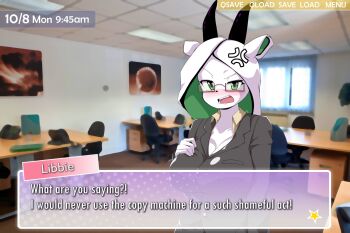 1girl 8chan anger_vein angry animal_ears animal_nose arabian_oryx bichosan black_jacket blurry blurry_background blush breasts character_name cleavage colored_inner_animal_ears dress_shirt english_text fake_screenshot furry furry_female glasses green_eyes green_hair hand_on_own_chest highres horns jacket large_breasts layered_clothes libbie_the_spirit_oryx libreoffice long_hair looking_at_viewer meme multicolored_hair office_lady open_mouth oryx photo_background photocopier pink-framed_eyewear semi-rimless_eyewear shirt solo spirit_animals_in_disguise standing talking third-party_source two-tone_hair under-rim_eyewear upper_body user_interface v-shaped_eyebrows video_game_dialogue_box visual_novel white_fur white_hair