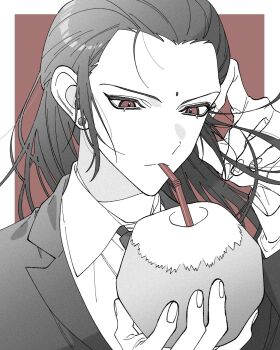 1boy bindi black_hair black_necktie black_suit border brown_background brown_eyes coconut_cup collared_shirt drinking drinking_straw earrings final_fantasy final_fantasy_vii food formal_clothes fruit hair_pulled_back hand_in_own_hair highres holding holding_food holding_fruit jacket jewelry long_hair male_focus mob_bouto_1 monochrome necktie shirt sidelocks solo suit suit_jacket tseng upper_body white_border white_shirt