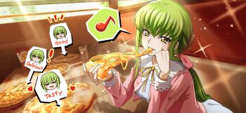 ! 1girl arrow_(symbol) artist_request blush breasts c.c. cheese cheese_trail chibi chibi_inset code_geass code_geass:_lost_stories cup day dress drinking_glass eating female_focus food game_cg green_hair grey_dress hair_ribbon half-closed_eyes hand_on_own_cheek hand_on_own_face hands_up happy head_rest heart highres holding holding_food holding_pizza jacket leaning_forward light_blush long_hair long_sleeves looking_at_viewer low_ponytail medium_breasts menu musical_note neck_ribbon non-web_source notice_lines official_art open_clothes open_jacket pink_jacket pink_ribbon pizza pizza_slice ponytail restaurant ribbon sidelocks sitting smile solo sparkle speech_bubble spoken_musical_note steam table teeth window yellow_eyes yellow_ribbon