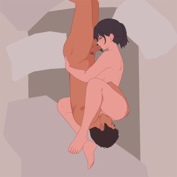 1boy 1girl 69 black_hair blush breasts closed_eyes cunnilingus dark-skinned_male dark_skin erection fellatio hand_on_another&#039;s_waist hetero jm_(pixiv_16769443) large_breasts leg_lock male_pubic_hair medium_hair oral original ponytail pubic_hair short_hair short_ponytail toned toned_male