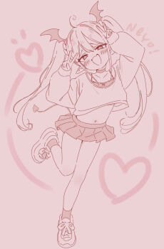 1girl :d ahoge arms_up blush brown_background camisole choker collarbone commentary_request demon_girl demon_tail demon_wings double_v fang full_body hair_between_eyes head_tilt head_wings heart highres jigatei_(omijin) long_hair looking_at_viewer miniskirt monochrome navel open_mouth original pleated_skirt pointy_ears romaji_text shirt shoes skirt smile socks solo standing standing_on_one_leg stomach tail twintails v very_long_hair wings