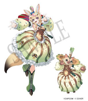 Rule 34 | 1girl, absurdres, ahoge, animal ear fluff, animal ears, armpits, black hair, blonde hair, blue bow, blue nails, boots, bow, braid, brown dress, capcom, cho gum, commentary request, copyright notice, cosplay, crossover, crown, detached sleeves, dress, felyne, fox ears, fox girl, fox tail, frilled dress, frills, full body, green boots, green dress, hair bow, hair ornament, hairclip, highres, hololive, jin dahaad (palico armor), looking at viewer, mini crown, monster hunter (series), monster hunter wilds, multicolored hair, multicolored nails, nail polish, official alternate costume, official art, omaru polka, outstretched arm, pink hair, player palico, player palico (cosplay), puffy sleeves, purple eyes, purple hair, red nails, sample watermark, simple background, smile, standing, standing on one leg, streaked hair, tail, two-tone dress, two-tone nails, virtual youtuber, w, watermark, white background, x hair ornament