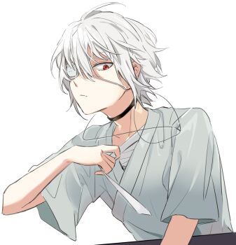 1boy accelerator_(toaru_majutsu_no_index) albino anninn_do_fu bandages black_choker choker closed_mouth commentary_request electrodes eyepatch hand_up highres hospital_gown looking_at_viewer male_focus medical_eyepatch one_eye_covered red_eyes short_hair short_sleeves simple_background solo toaru_majutsu_no_index upper_body white_background white_hair