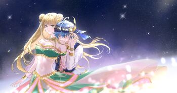 1boy 1girl alternate_costume bare_shoulders blonde_hair blue_hair bracelet breasts cleavage closed_eyes closed_mouth couple dancer double_bun green_eyes hair_bun highres jewelry lan_ruobing large_breasts long_hair long_sleeves lune_alizee midriff navel pants see-through_clothes skirt sky smile star_(sky) starry_sky stomach ye_feng_(zhandou_wang_zhi_jufeng_zhan_hun) zhandou_wang_zhi_jufeng_zhan_hun