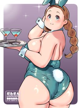 1girl animal_ear_hairband animal_ears ass back blue_eyes blue_hairband blue_leotard blush braid breasts brown_hair cherry cocktail cocktail_glass cup detached_collar drinking_glass fake_animal_ears food from_behind fruit gundam gundam_suisei_no_majo hair_tie hairband hand_in_own_hair highres holding holding_tray huge_ass kenken28937178 large_breasts leotard lilique_kadoka_lipati long_hair looking_back playboy_bunny plump purple_background rabbit_ear_hairband rabbit_ears rabbit_tail smile solo sparkle standing tray twin_braids waitress watermark wide_hips wrist_cuffs