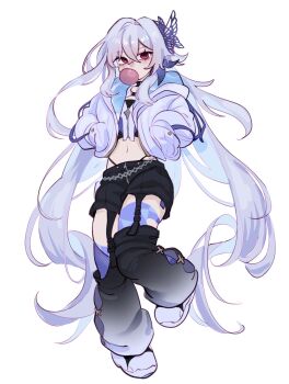 1girl alternate_costume black_shorts blowing_bubble_gum blue_hair chewing_gum colored_inner_hair crop_top full_body genshin_impact grey_hair grey_jacket hands_in_pockets highres jacket long_sleeves looking_at_viewer midriff multicolored_hair navel open_clothes open_jacket red_eyes shoes shorts simple_background skirk_(genshin_impact) solo stomach wem_(wemming9) white_background