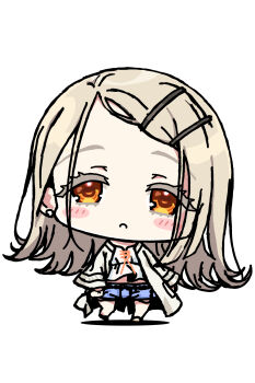 1girl blush camisole chibi chibi_only commentary_request denim denim_shorts earrings eyelashes gakuen_idolmaster grey_hair highres idolmaster jewelry long_hair looking_at_viewer orange_eyes parted_lips shinosawa_hiro shorts simple_background solo stud_earrings white_background white_camisole yagumo_kengou
