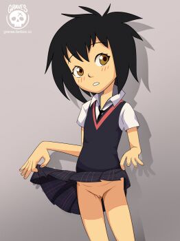 1girl abstract_background artist_logo artist_name black_hair blush brown_eyes clothes_lift embarrassed graves_69 highres logo loli looking_to_the_side marvel necktie no_panties open_mouth peni_parker presenting presenting_pussy pussy school_uniform short_hair skirt skirt_lift solo spider-man:_into_the_spider-verse spider-man_(series) spider-verse sweater_vest upskirt
