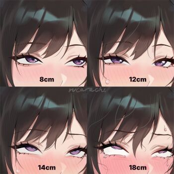 1girl black_hair blush commentary eyelashes highres implied_sex multiple_expressions multiple_views original purple_eyes rolling_eyes ruca_(rucarachi) rucarachi signature symbol-only_commentary tears