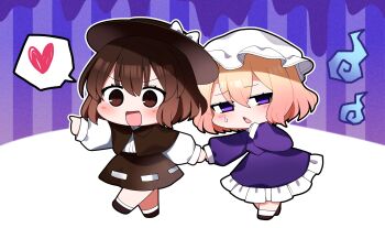 2girls absurdres black_hat black_shoes blonde_hair blush border bow brown_capelet brown_eyes brown_hair brown_skirt capelet chibi chibi_only collared_dress collared_shirt commentary_request dress frills full_body hair_between_eyes half-closed_eyes hand_up hat hat_bow heart highres holding_hands index_finger_raised long_sleeves looking_to_the_side maribel_hearn mob_cap multiple_girls open_mouth outside_border pointing puffy_long_sleeves puffy_sleeves purple_background purple_dress purple_eyes shirt shoes short_hair skirt smile socks speech_bubble spoken_heart striped_background sweatdrop touhou usami_renko v-shaped_eyebrows walking white_border white_bow white_hat white_shirt white_socks you_(noanoamoemoe)