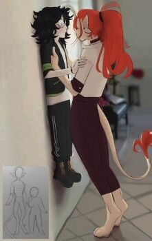 1boy 1girl against_wall alien animal_feet argemia_(voices_of_the_void) ariral armpit_carry assertive_female black_choker black_hair blush choker commentary_request constricted_pupils digitigrade dr_kel_(voices_of_the_void) glasses hand_on_another's_arm hanging_legs height_difference highres lauren_phillips_lifting_alice_merchesi_(meme) lifting_person looking_at_another meme messy_hair photo_background ponytail red_hair reference_inset round_eyewear russian_commentary short_male signature size_difference sleeve_cuffs smile sweat tail tall_female voices_of_the_void whiskers wide-eyed xxxanchk