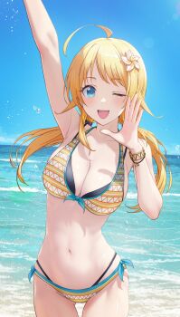 1girl ahoge arm_up armpits bikini blonde_hair blue_eyes blush breasts cleavage commentary_request commission cowboy_shot day flower hachimiya_meguru hair_flower hair_ornament halterneck highres idolmaster idolmaster_shiny_colors large_breasts layered_bikini long_hair looking_at_viewer low_twintails multicolored_bikini nabe_puyo navel ocean one_eye_closed open_mouth outdoors print_bikini skeb_commission skindentation smile solo stomach swimsuit thighs twintails white_flower