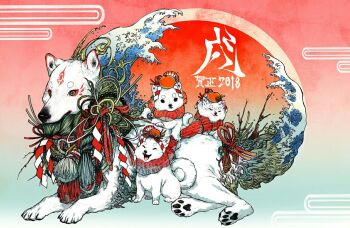 2018 animal baby_animal chinese_new_year chinese_zodiac commentary_request dated dog egasumi food fruit fuji_166 full_body gradient_background green_background highres mandarin_orange nengajou new_year orange_(fruit) original puppy red_background red_scarf red_sun rope scarf shide shimenawa translation_request water waves white_dog year_of_the_dog