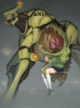 1girl :t absurdres ball_gag black_skirt blue_eyes blue_skirt burger chewing chitei_(rai32019) closed_mouth commentary_request cup cup_holder drinking_straw eating english_text food gag glowing green_footwear green_jacket hanging_legs headphones highres holding holding_food jacket looking_at_viewer looking_to_the_side miniskirt monster open_mouth original pink_hair pleated_skirt shoes short_hair sitting skirt sneakers spine taxi thighhighs turtleneck turtleneck_jacket veins white_thighhighs