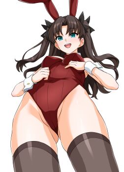 Rule 34 | 1girl, :d, absurdres, animal ears, black bow, black hair, black thighhighs, blue eyes, bow, breasts, commentary request, covered navel, fake animal ears, fate/stay night, fate (series), from below, gluteal fold, hair bow, haruhisky, highres, leotard, long hair, medium breasts, open mouth, playboy bunny, rabbit ears, red leotard, simple background, smile, standing, strapless, strapless leotard, thighhighs, thighs, tohsaka rin, tongue, variant set, white background, white wrist cuffs, wrist cuffs