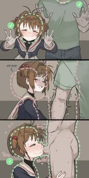 1boy 1girl 3koma antenna_hair blush brown_hair cardcaptor_sakura closed_eyes comic cum cum_in_mouth deepthroat fellatio grin hair_bobbles hair_ornament heart hetero kinomoto_sakura loli long_sleeves oral penis protected_link sailor_collar school_uniform serafuku shirt short_hair skirt smile spoken_heart sweat testicles tomoeda_elementary_school_uniform trembling white_sailor_collar white_skirt zlix0n