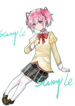 1girl absurdres aqua_outline black_shoes black_skirt bow bowtie clenched_hand closed_mouth collared_shirt commentary_request dot_nose eyelashes full_body hair_ribbon hand_on_ground hand_on_own_chest happy high_collar highres invisible_chair juliet_sleeves kaname_madoka knees lace lace-trimmed_shirt lace-trimmed_sleeves lace_trim long_sleeves looking_at_viewer mahou_shoujo_madoka_magica mahou_shoujo_madoka_magica_(anime) miniskirt mitakihara_school_uniform outline pink_eyes pink_hair plaid_clothes plaid_skirt pleated_skirt pocket puffy_sleeves red_bow red_bowtie red_ribbon ribbon riliing sample_watermark school_uniform shirt shoes short_hair short_twintails simple_background sitting skirt sleeve_cuffs smile solo thighhighs twintails uwabaki watermark white_background white_thighhighs yellow_shirt zettai_ryouiki