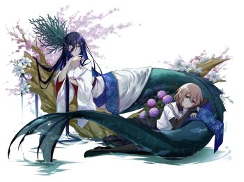 2girls blue_eyes blue_hair brown_eyes brown_hair cherry_blossoms commentary_request floral_print flower full_body hair_over_one_eye highres japanese_clothes kimono layered_sleeves light_smile lily_(flower) long_hair long_sleeves looking_at_another looking_at_viewer mermaid monster_girl multiple_girls neckerchief oumi_shiori parted_lips partially_submerged red_neckerchief sailor_collar school_uniform setsu_(qjsj1993aa) short_hair short_over_long_sleeves short_sleeves skirt undershirt watashi_wo_tabetai_hitodenashi water wet white_background white_kimono white_sailor_collar yaotose_hinako yuri