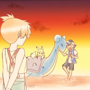 1boy 1girl :d ^_^ arms_behind_back ash_ketchum bare_arms black_hair blue_jacket closed_eyes closed_mouth cloud gen_1_pokemon green_shorts happy holding jacket lapras misty_(pokemon) nintendo ocean open_clothes open_jacket open_mouth orange_hair orange_sky outdoors pikachu pokemon pokemon_(anime) pokemon_(classic_anime) pokemon_journeys riding riding_pokemon shell shirt short_hair short_sleeves shorts side_ponytail sky sleeveless sleeveless_jacket sleeveless_shirt smile standing sunset suspenders wading water white_shirt yellow_shirt