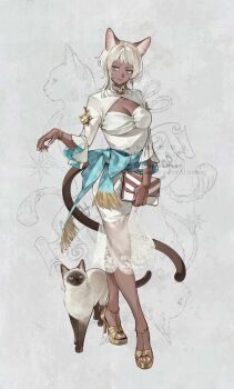 Rule 34 | 1girl, aqua eyes, blue sash, breasts, cat, cleavage, cleavage cutout, clothing cutout, colorpoint (pattern), dark-skinned female, dark skin, dress, full body, gold shoes, grey background, high heels, highres, holding, itou (very ito), jewelry, looking at viewer, original, sash, see-through dress layer, shoes, siamese cat, smile, standing, white dress, white hair