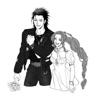 Rule 34 | 1boy, 1girl, aerith gainsborough, alternate costume, belt, black hair, black jacket, bouquet, bracelet, braid, braided ponytail, breasts, choker, cleavage, commentary, couple, cowboy shot, crisis core: final fantasy vii, cropped legs, cross scar, dress, facial scar, final fantasy, final fantasy vii, flower, hair ribbon, height difference, hetero, highres, holding, holding bouquet, holding hands, jacket, jewelry, lily (flower), long hair, mush820823, necklace, open clothes, open jacket, open mouth, parted lips, ponytail, ribbon, scar, scar on cheek, scar on face, short sleeves, smile, spiked hair, untranslatable commentary, white background, zack fair