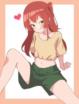 Rule 34 | 1girl, arm at side, arm support, blush, bocchi the rock!, border, closed mouth, commentary, crop top, dot nose, double-parted bangs, feet out of frame, green shorts, heart, highres, kita ikuyo, knee up, licking lips, long hair, looking at viewer, midriff, navel, one side up, outside border, pink border, red hair, seductive smile, shirt, short sleeves, shorts, simple background, smile, solo, spell phd, spread legs, tongue, tongue out, white background, yellow eyes, yellow shirt