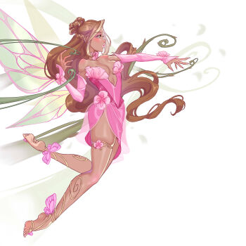 absurdres bare_shoulders barefoot brown_hair dark-skinned_female dark_skin dress eyeshadow fairy fairy_wings flora_(winx_club) flower green_eyes green_wings highres light-skinned_palms light-skinned_soles lipstick long_hair luverihu magical_girl makeup multicolored_hair pink_dress pink_eyeshadow pink_sleeves shiny_skin skindentation skirt streaked_hair transparent_wings very_long_hair wings winx_club