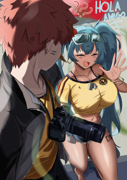 1boy 1girl absurdres aqua_eyes aqua_hair bare_shoulders bikini blush bracelet brazilian_flag brazilian_flag_print brazilian_miku breasts cleavage collarbone crosswalk earrings emiya_shirou exposed_pocket fate/stay_night fate_(series) flag_print gold_earrings hatsune_miku highres igote jewelry large_breasts long_hair md5_mismatch mexican_flag mexico mexico_city multiple_bracelets navel number_tattoo open_mouth raglan_sleeves rectangular_earrings red_hair resolution_mismatch road self-upload shokobr sidewalk smile source_smaller street swimsuit tattoo thighhighs thighs twintails underwear very_long_hair vocaloid white-framed_eyewear worldwide_miku