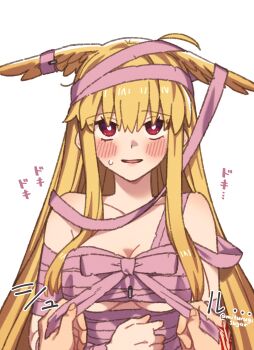 1girl absurdres bandages bare_shoulders blonde_hair blush breasts fate/grand_order fate_(series) head_wings highres large_breasts long_hair looking_at_viewer mitsurugi_sugar naked_bandage open_mouth red_eyes sidelocks smile solo thrud_(fate) translation_request valkyrie_(fate) wings