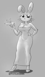 Rule 34 | alcohol, animal ears, belly, bodycon, breasts, champagne, eyelashes, freckles, furry, high heels, highres, jewelry, large breasts, navel, rabbit, rabbit ears, rhombusglasses, short hair, spilling, strapless, thick thighs, thighs, tight clothes, whiskers