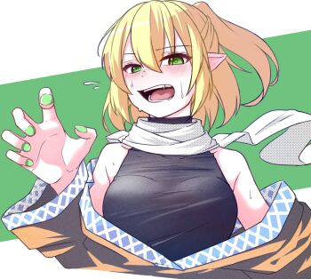 1girl black_shirt blonde_hair blush breasts brown_shirt ear_blush fingernails green_background green_eyes green_nails hair_between_eyes half_updo high_ponytail highres long_bangs long_sleeves looking_at_viewer medium_breasts mizuhashi_parsee off_shoulder open_mouth pointy_ears ponytail scarf shirt short_hair sleeveless sleeveless_shirt solo suirium0723 teeth touhou turtleneck turtleneck_shirt two-tone_background upper_body white_scarf
