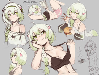 1girl ahoge animal_ears arbuz_budesh bare_shoulders book bra braid braided_ponytail breasts burger ferret_ears ferret_girl ferret_tail food green_hair green_tail hairband highres indie_virtual_youtuber laimu_(vtuber) multicolored_tail oversized_clothes pink_shorts reading sauce shorts sweater tail teasing underwear vinesauce virtual_youtuber white_hair white_tail