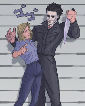 1boy 1girl black_hair black_jumpsuit blonde_hair breasts cincidious commentary dead_by_daylight english_commentary frown halloween_(movie) holding holding_knife jojo_no_kimyou_na_bouken jojo_pose jumping jumpsuit knife kujo_jotaro&#039;s_pose laurie_strode mask menacing_(jojo) michael_myers pointing pointing_at_viewer reverse_grip small_breasts