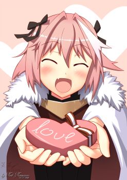 Rule 34 | 1boy, absurdres, artist name, astolfo (fate), black bow, black sweater, blush, bow, box, box of chocolates, cape, closed eyes, dated, fang, fate/apocrypha, fate (series), fur-trimmed cape, fur trim, gorget, hadaparuka, hair bow, hair intakes, heart, heart background, highres, male focus, multicolored hair, open mouth, pink hair, short hair, skin fang, smile, solo, streaked hair, sweater, trap, two-sided cape, two-sided fabric, two-tone hair, valentine, white cape, white hair