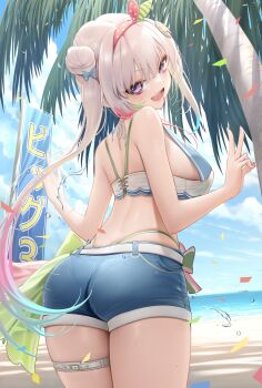 Rule 34 | 1girl, absurdres, airani iofifteen, ass, beach, bikini, bikini bottom under shorts, bikini under clothes, blue bow, blue hair, blue shorts, bow, breasts, cloud, confetti, gradient hair, green ribbon, grey hair, hair bow, hair ribbon, highres, hololive, hololive indonesia, hololive summer 2023 swimsuit, large breasts, multicolored hair, ocean, open mouth, outdoors, paint splatter, paint splatter on face, palette hair ornament, palm tree, pink hair, pink ribbon, polka dot, polka dot ribbon, purple eyes, ribbon, short shorts, shorts, smile, solo, somebody (leiking00), striped ribbon, swimsuit, tree, variant set, virtual youtuber