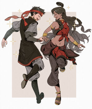 1boy 1girl aang absurdres armlet avatar:_the_last_airbender avatar_legends black_hair black_pants black_shoes closed_eyes commentary dancing dark-skinned_female dark_skin english_commentary foot_up front-tie_top full_body gymnopedies2 halterneck headband highres holding_hands jewelry katara long_hair midriff navel open_mouth pants red_headband red_shirt sandals shirt shoes short_hair very_long_hair very_short_hair