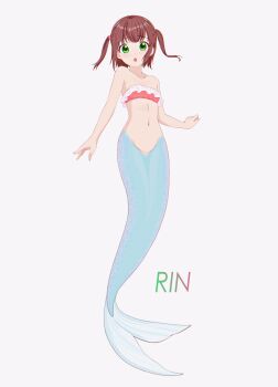 Rule 34 | 1girl, :o, absurdres, bikini, bikini top only, blue tail, blush, brown hair, character name, collarbone, commentary request, frilled bikini, frills, full body, green eyes, highres, mermaid, monster girl, navel, original, paid reward available, parted lips, red bikini, revision, rinshi, short hair, solo, stomach, swimsuit, takamine rin (rinshi), tongue, two side up